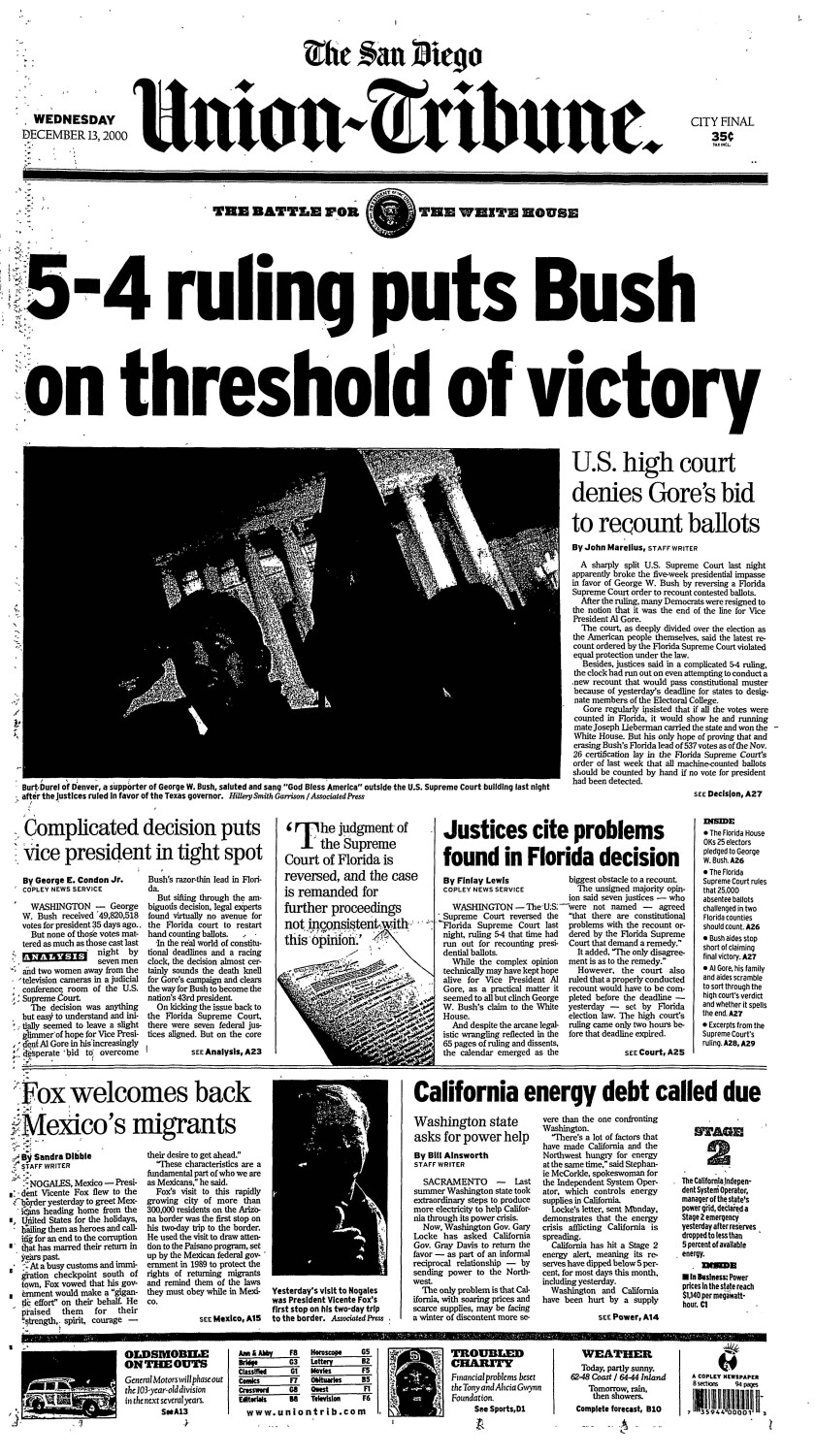 Supreme court rules in 2000 battle for the White House, front page of The San Diego Union-Tribune, Dec. 13, 2000.