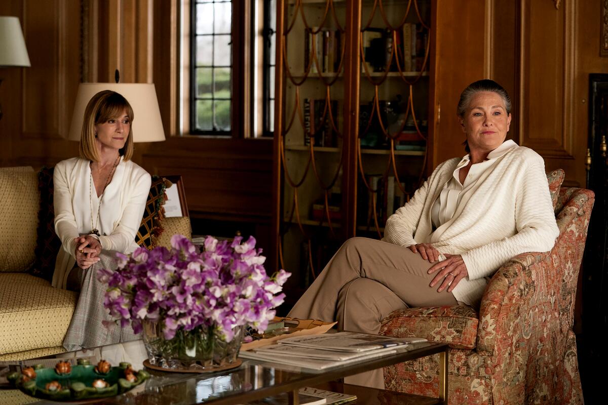 Two casually well-dressed women sit in a comfortable living space in "Succession."