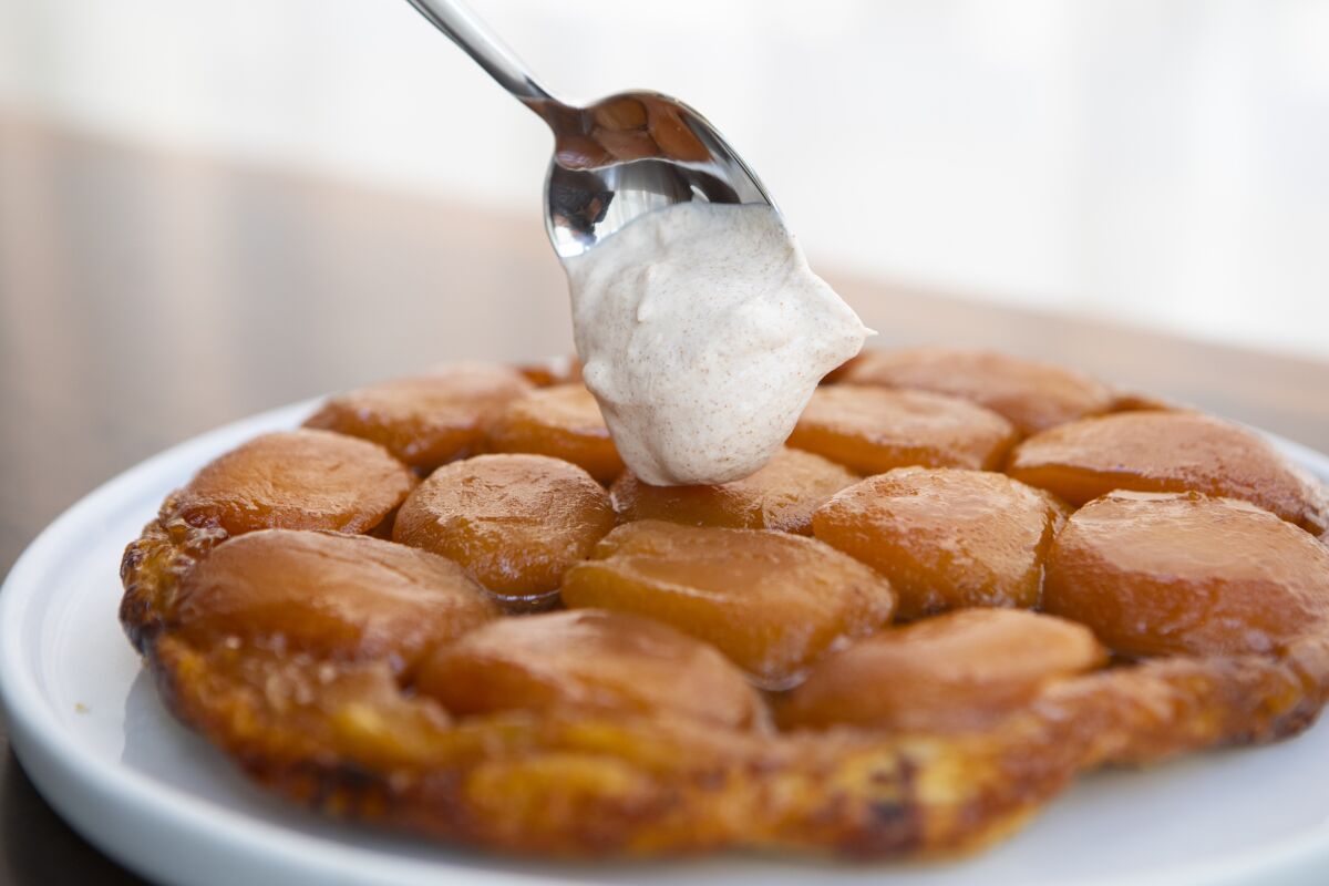 The tarte tatin at Perle in Pasadena, served with cinnamon labneh.