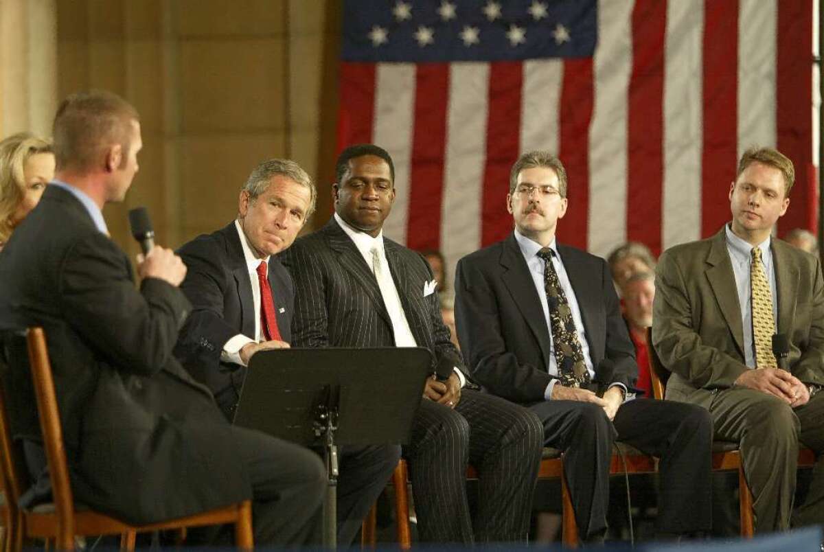 Andrew Biggs, far right, with President George W. Bush during the 2005 campaign to privatize Social Security.