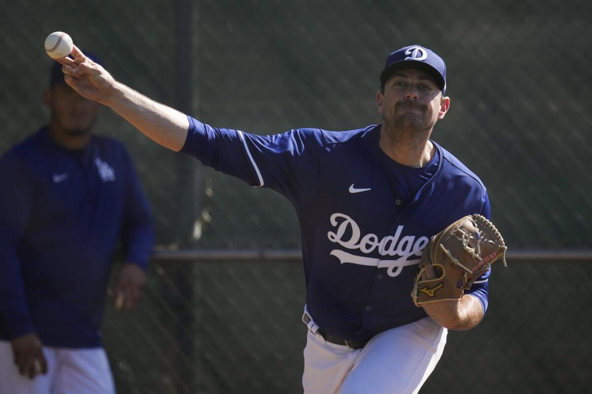 Dodgers relief pitcher Daniel Hudson throws during a workout at Camelback Ranch on Feb. 18.