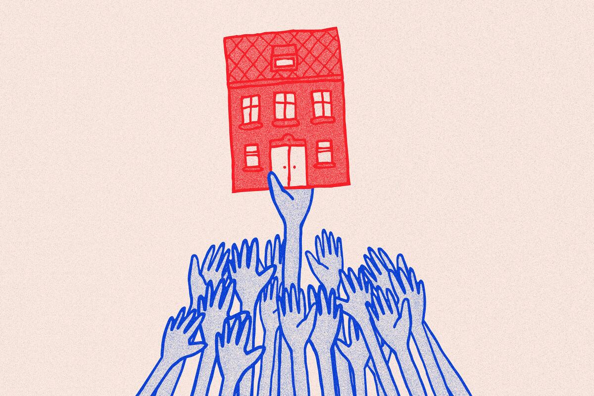 Illustration of hands holding an apartment building