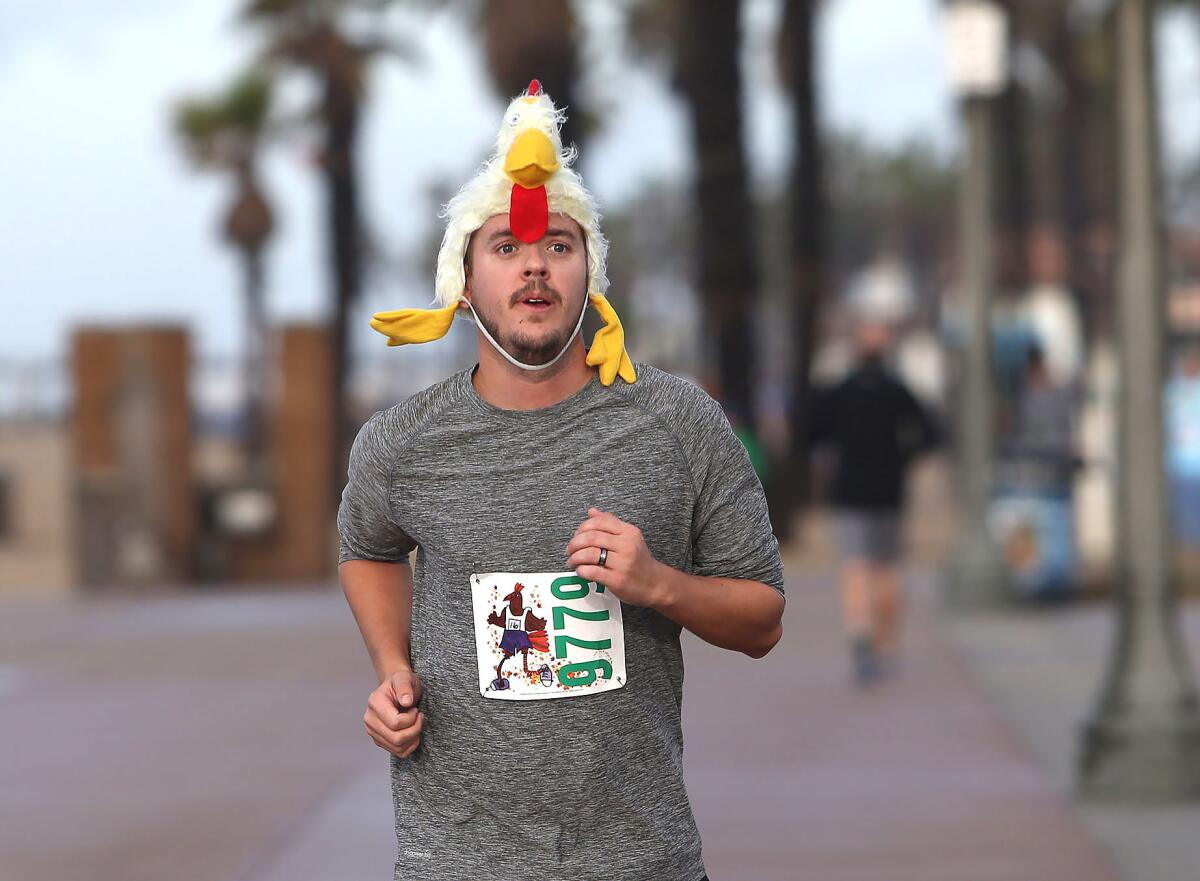 Dale Evanson donned his turkey hat to run in the 2018 Thanksgiving Turkey Wobble 5K in Huntington Beach.