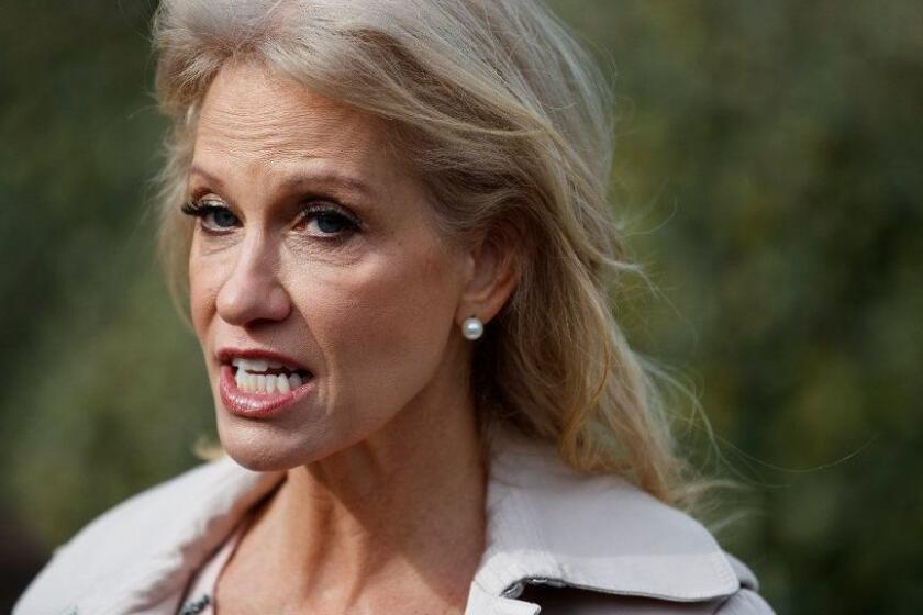 FILE - In this Jan. 23, 2019 file photo, White House senior adviser Kellyanne Conway talks with reporters outside the White House in Washington. Conway says she was grabbed and shaken by a woman at a Mexican restaurant in Bethesda, Maryland, late last year. (AP Photo/ Evan Vucci)