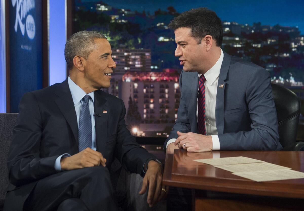 President Obama talks with Jimmy Kimmel during a taping of ABC's "Jimmy Kimmel Live" on Thursday.