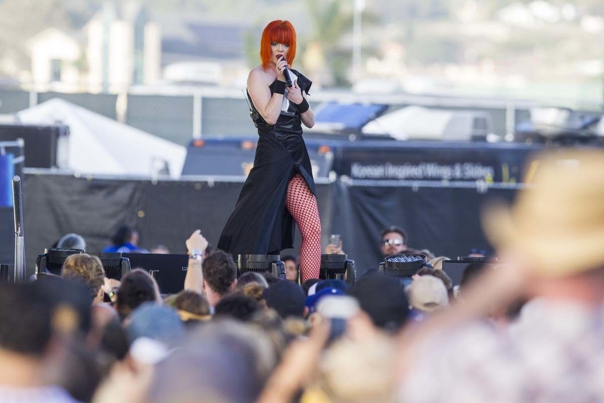 Garbage lead singer Shirley Manson walks out on the catwalk while singing during their set on the Sunset Cliffs stage on Saturday at KAABOO Del Mar.
