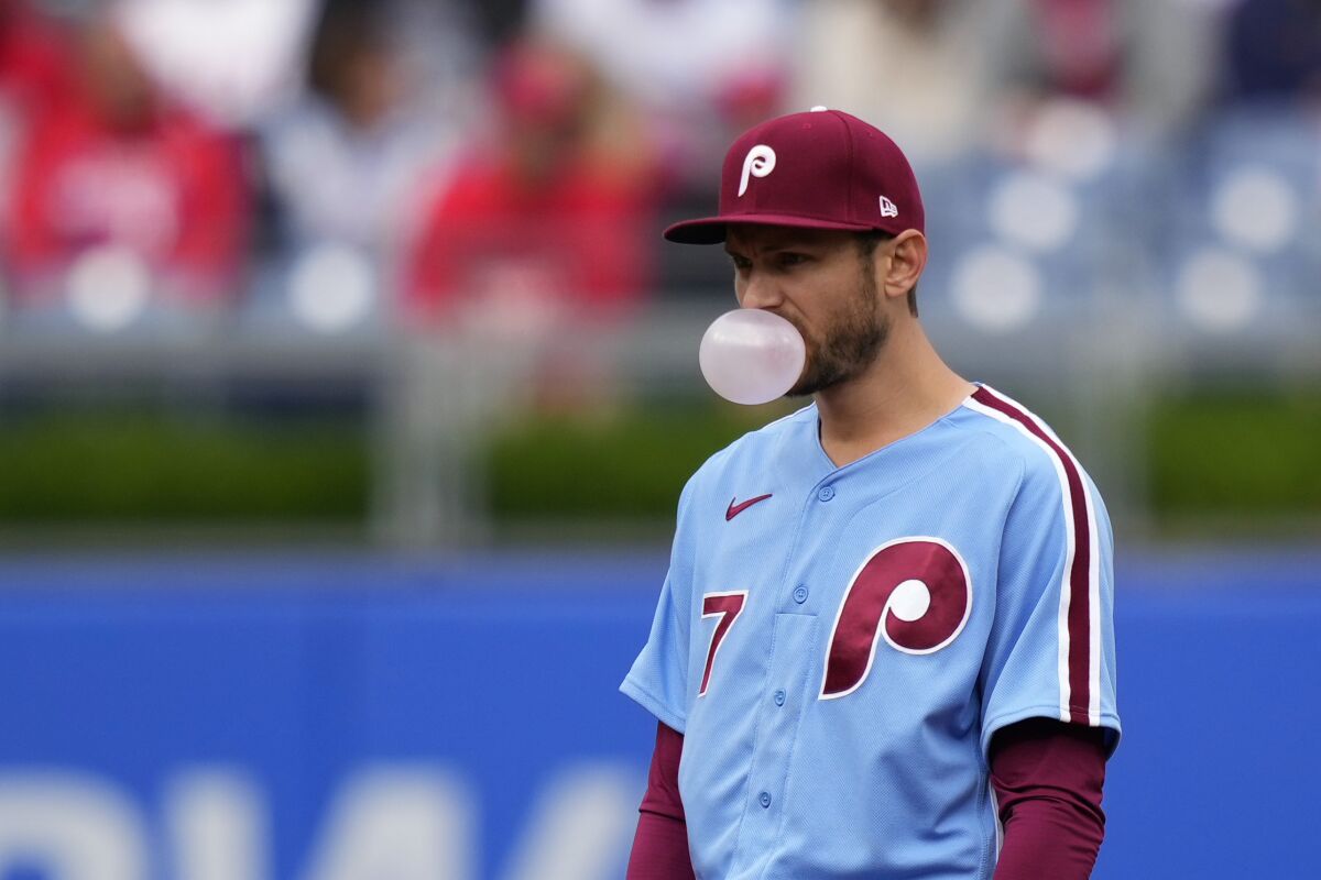 Philadelphia Phillies shortstop Trea Turner blows a bubble.