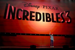 a man on stage standing in front of the 'Incredibles 3' logo