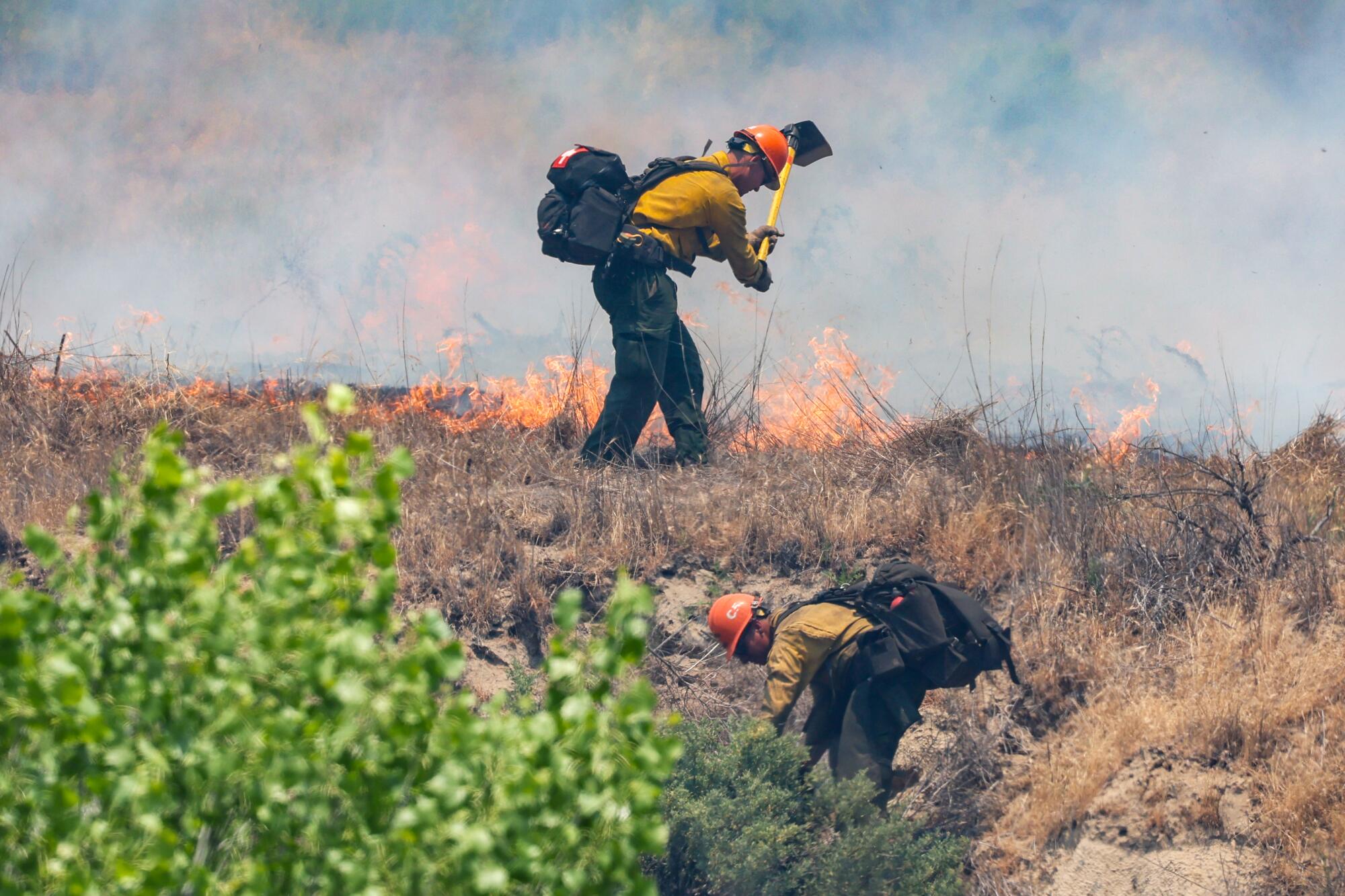 Crew members of the Little Tujunga Hot Shots work to control the flames.
