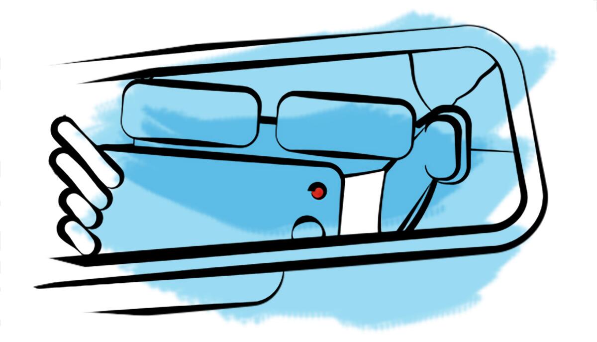 Illustration of a woman recording on her cellphone, reflected on car rear view mirror.