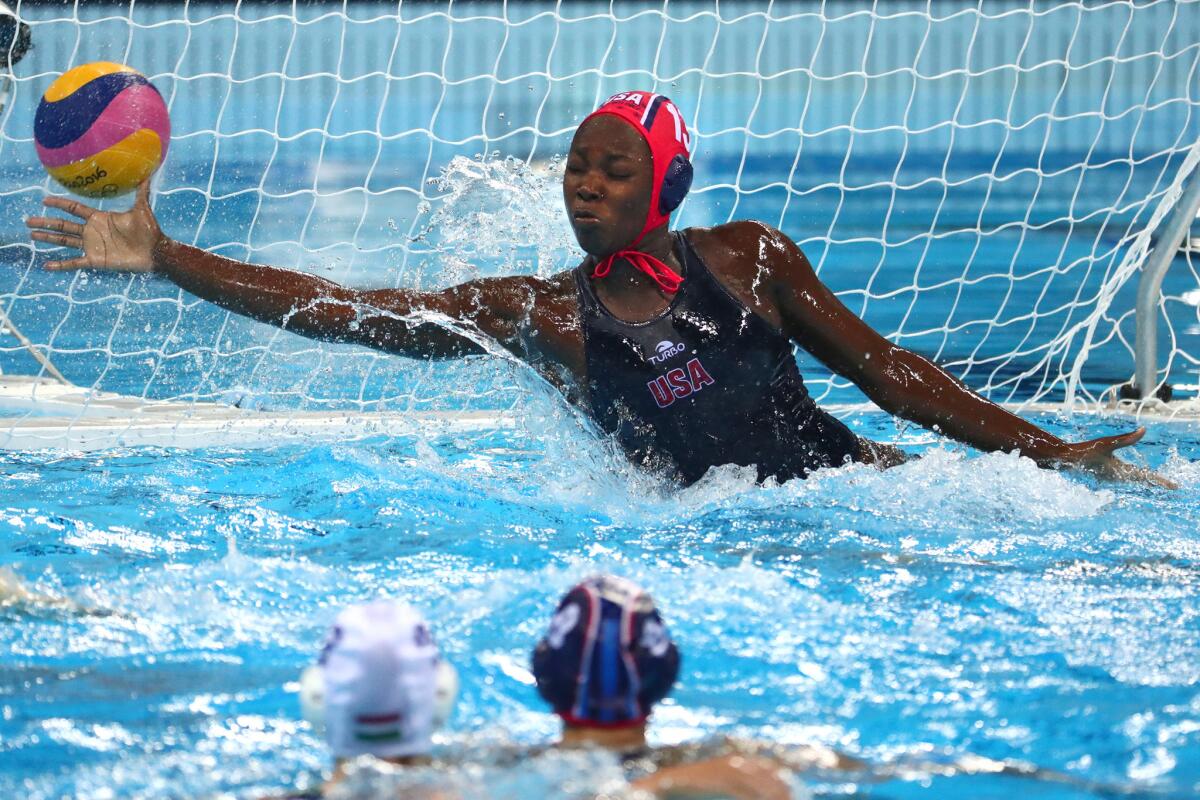 U.S. goalie Ashleigh Johnson makes a save during the second half against Hungary in the women's water polo semifinal Aug. 17.