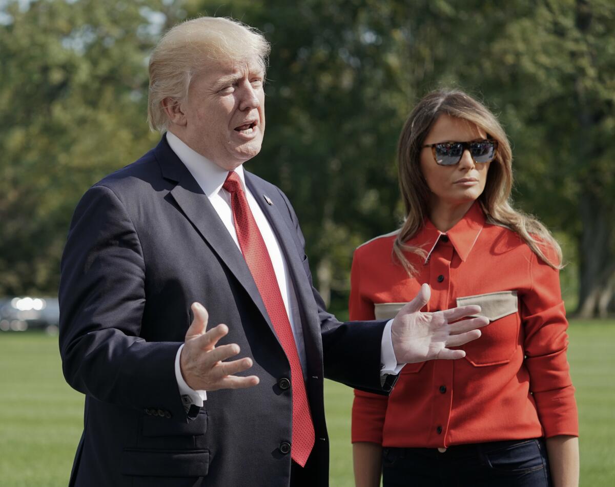 President Trump, accompanied by First Lady Melania Trump, at the White House on Sept. 10, 2017.