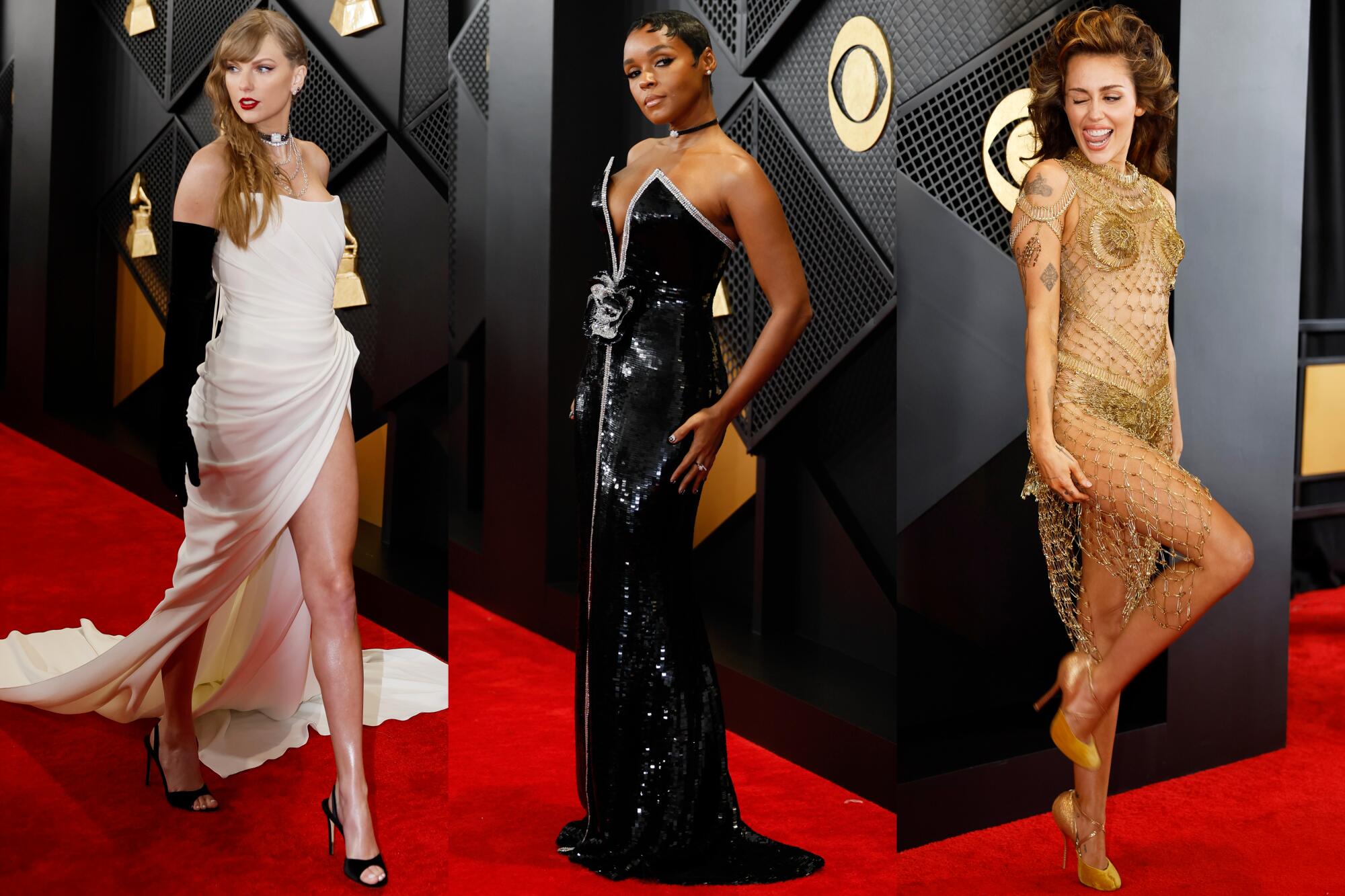Taylor Swift, Janelle Monae and Miley Cyrus wear white, black and gold gowns 