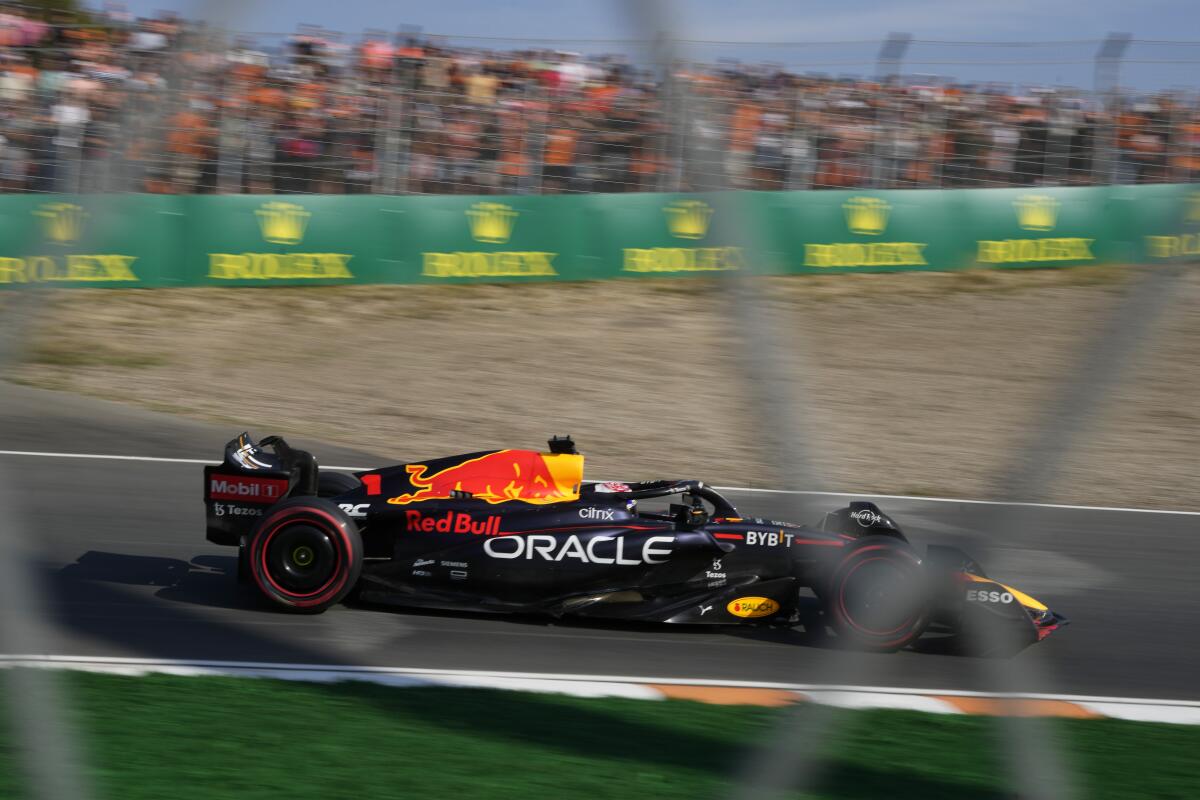 Red Bull driver Max Verstappen of the Netherlands steers his car during the second practice session ahead of Sunday's Formula One Dutch Grand Prix auto race, at the Zandvoort racetrack, in Zandvoort, Netherlands, Friday, Sept. 2, 2022. (AP Photo/Peter Dejong)