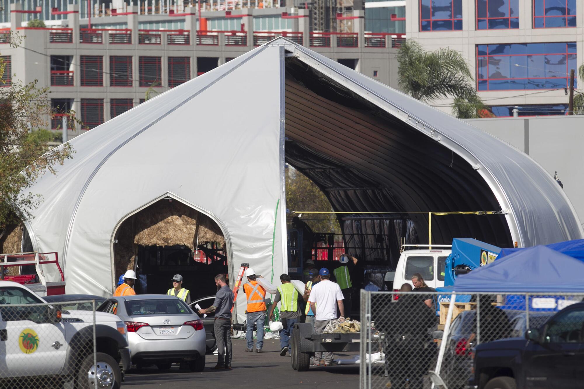 An industrial tent erected in Logan Heights near Petco Park downtown in 2017.