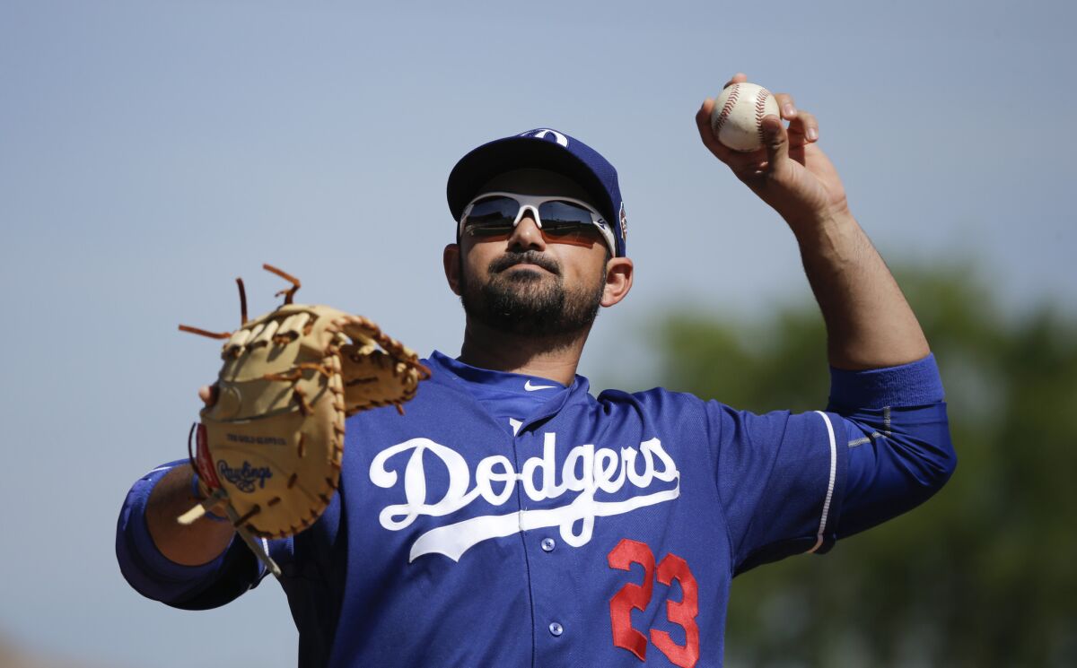 Dodgers' Adrian Gonzalez throws a spring training game against Milwaukee on Monday.