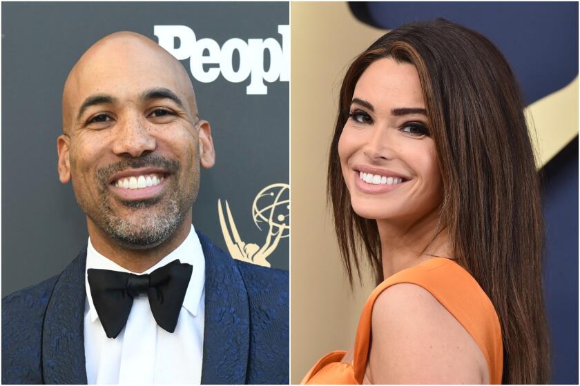 A split image of a bald man smiling in a suit and bowtie, left, and a woman with long brown hair smiling in an orange dress
