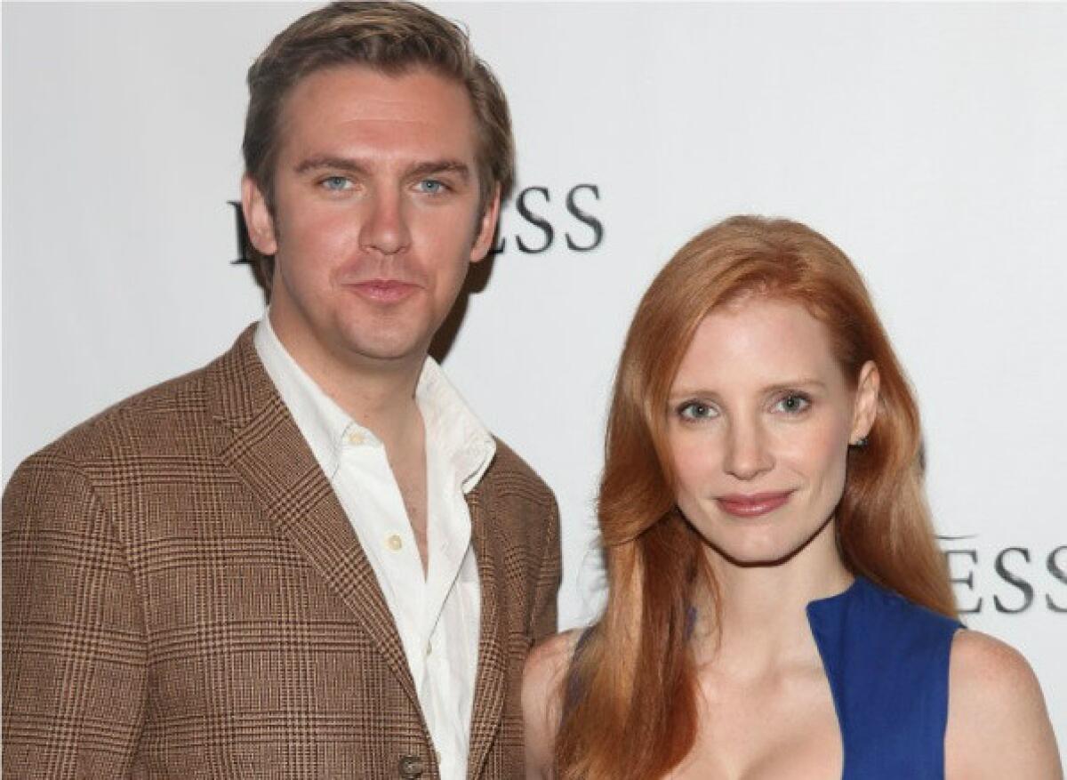 Dan Stevens and Jessica Chastain at a press event for "The Heiress," opening Thursday at the Walter Kerr Theatre in New York.