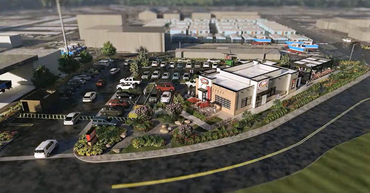 A photo simulation shows a proposal for a Raising Cane's at 1595 Old Newport Blvd.