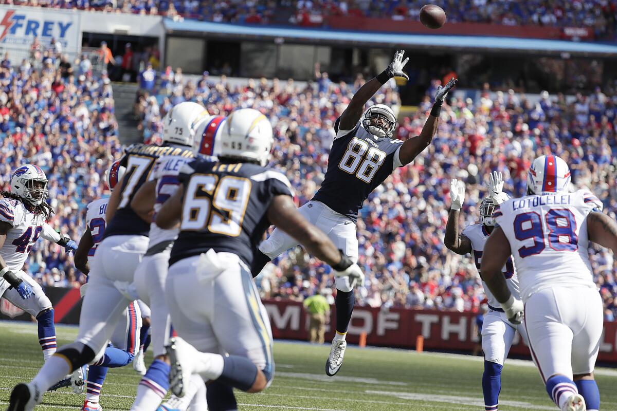 Chargers tight end Virgil Green reaches out for a deflected pass from quarterback Philip Rivers during a second-half drive against the Buffalo Bills at New Era Field on Sunday.