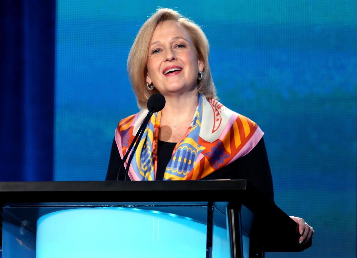 PBS President and CEO Paula Kerger speaks during the executive session panel discussion at the PBS Network portion of the Television Critics Association press tour at Langham Hotel on Jan. 19, 2015. in Pasadena, Calif.