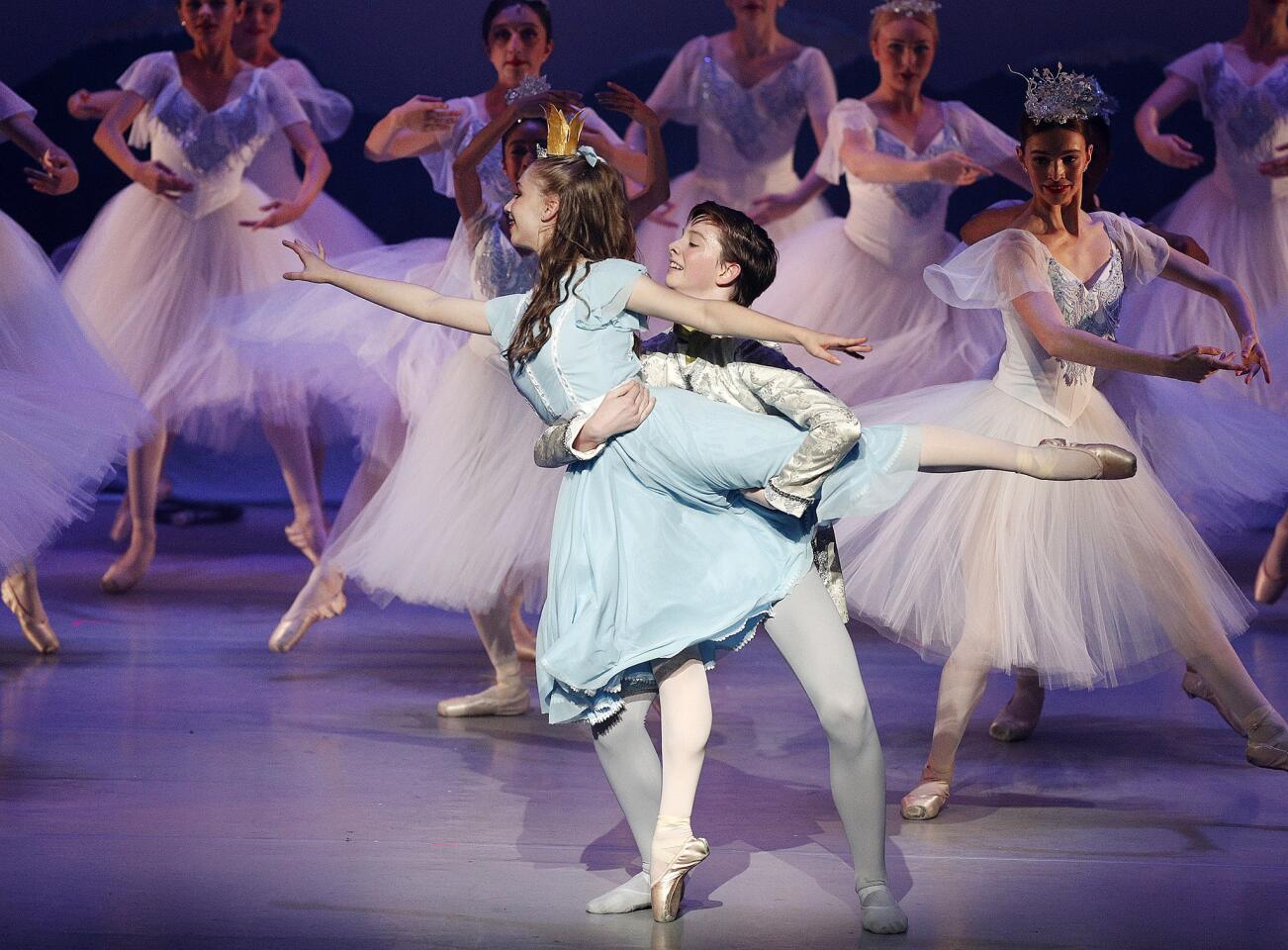 Clara Stahlbaum, played by Ellie Wein, and The Nutcracker Prince, played by Darrion Sellman, dance in front of Snowflakes at the opening night for The Nutcracker at the Alex Theatre in Glendale on Friday, December 21, 2018. The production is produced by the Los Angeles Youth Ballet, and runs through Sunday, December 23.