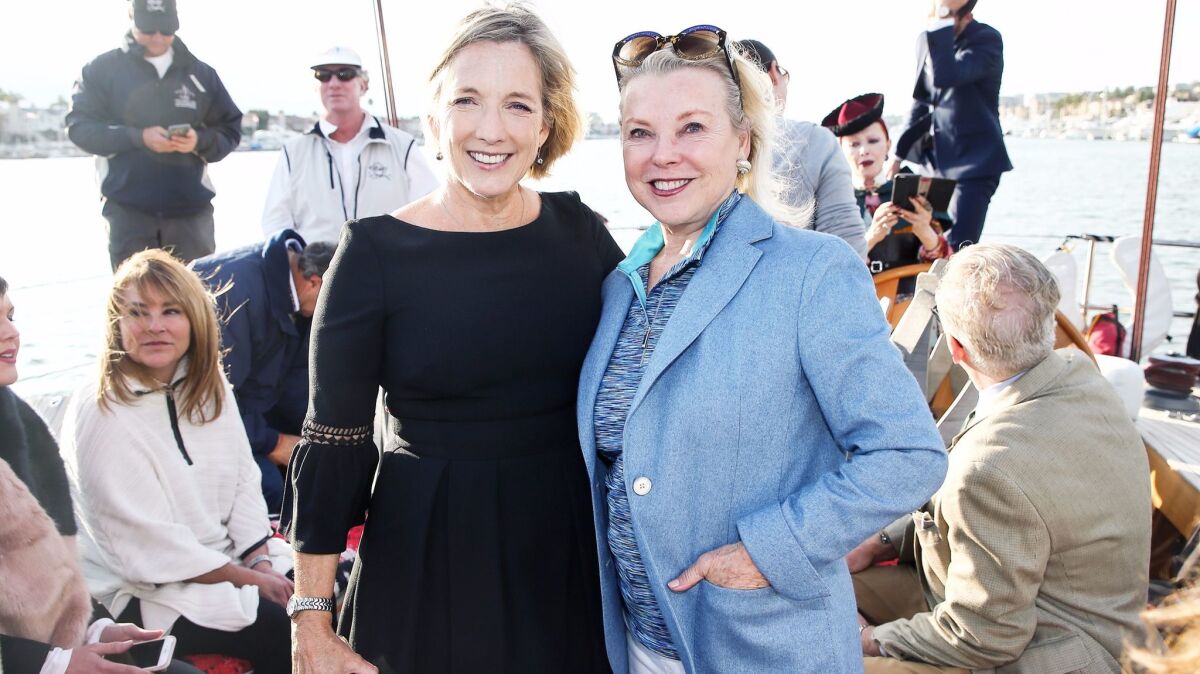 Susan Brady and Jeanie Lawrence attend the South Coast Plaza reception at Balboa Bay Resort.