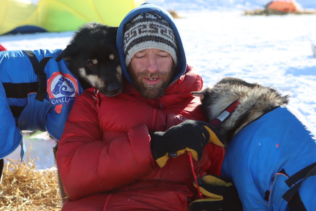 FILE - Jessie Holmes takes a break from cooking his dogs a meal to nuzzle with two wheel dogs at the Ophir checkpoint during the Iditarod Trail Sled Dog Race on Wednesday, March 10, 2021. A pack of sled dogs belonging to Holmes, Iditarod veteran and reality TV star killed a family pet in Alaska, officials said. Authorities in Wasilla are investigating a March 30, 2022 incident involving dogs owned by musher Holmes, who finished third in year's Iditarod Trail Sled Dog Race and stars in "Life Below Zero: Alaska" on the National Geographic channel. (Zachariah Hughes/Anchorage Daily News via AP, Pool, File)