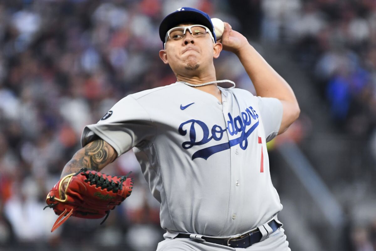 Dodgers starter Julio Urías pitches on Oct. 9, 2021