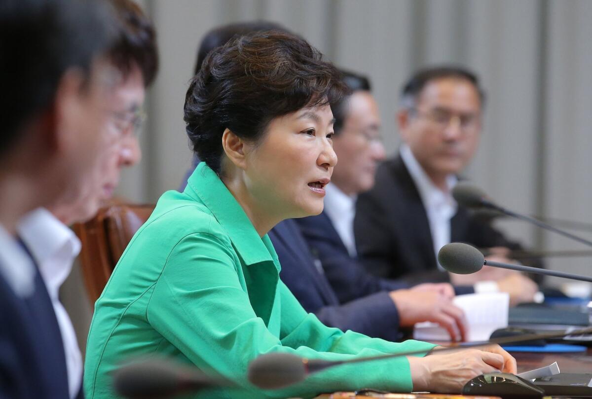 South Korean President Park Geun-hye speaks during a regular meeting of government officials at the presidential house in Seoul on Monday.