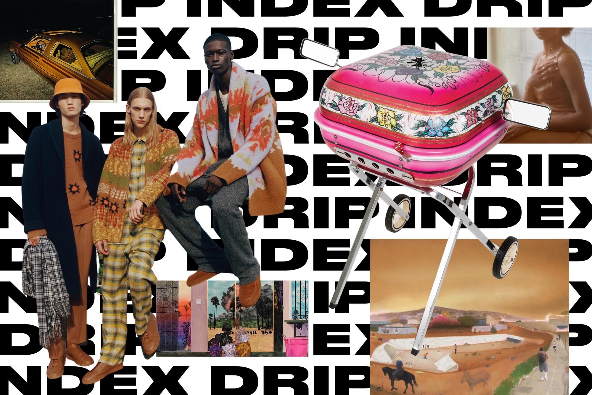 Collage featuring different art and fashion photos over a pattern of the words “Drip Index”