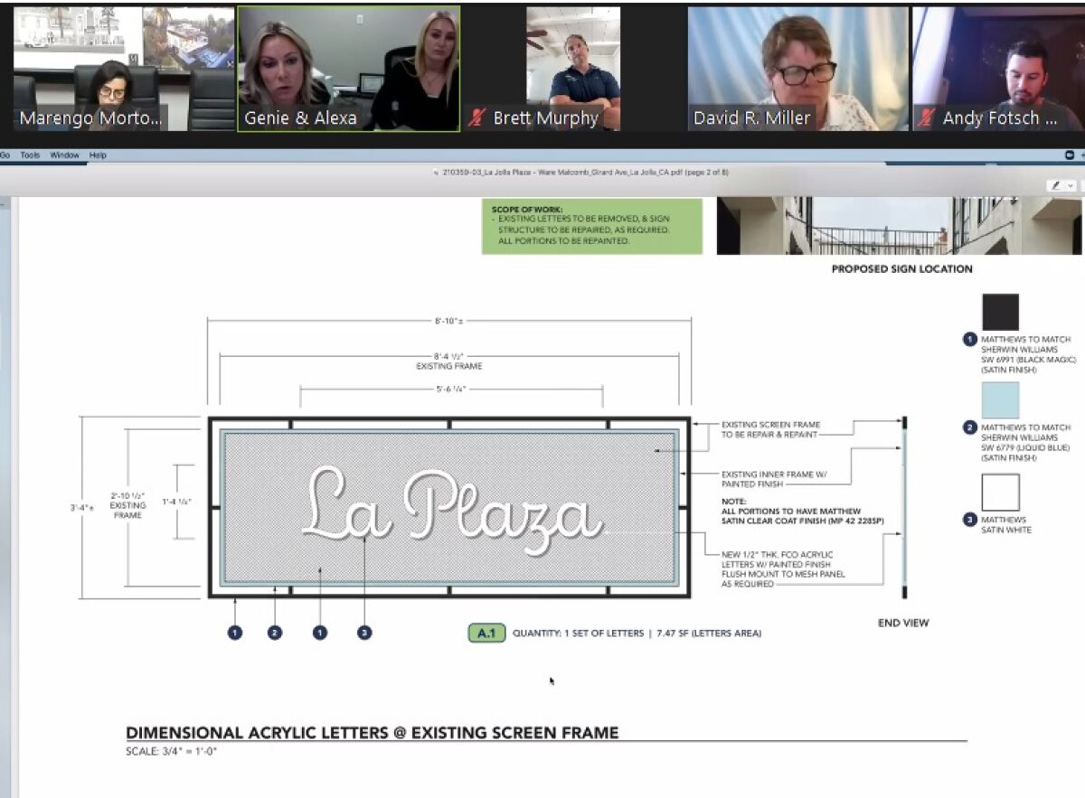 Regents Property Management representatives present renderings of new signage planned for La Plaza La Jolla.
