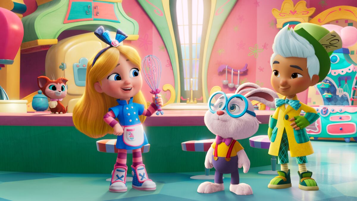 A cartoon image of an orange cat, a girl with blond hair, a white rabbit and a boy with white hair
