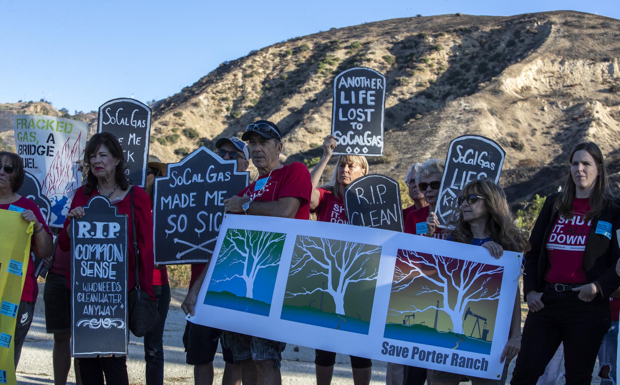 North San Fernando Valley residents hold a rally near the entrance of the SoCalGas Aliso Canyon storage facility in 2019.