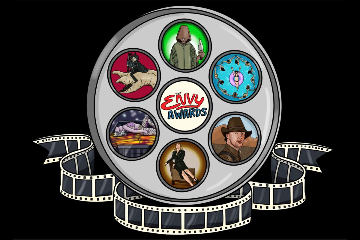 An illustration of a film reel includes some of the winners of The Envelope's quirky awards. 
