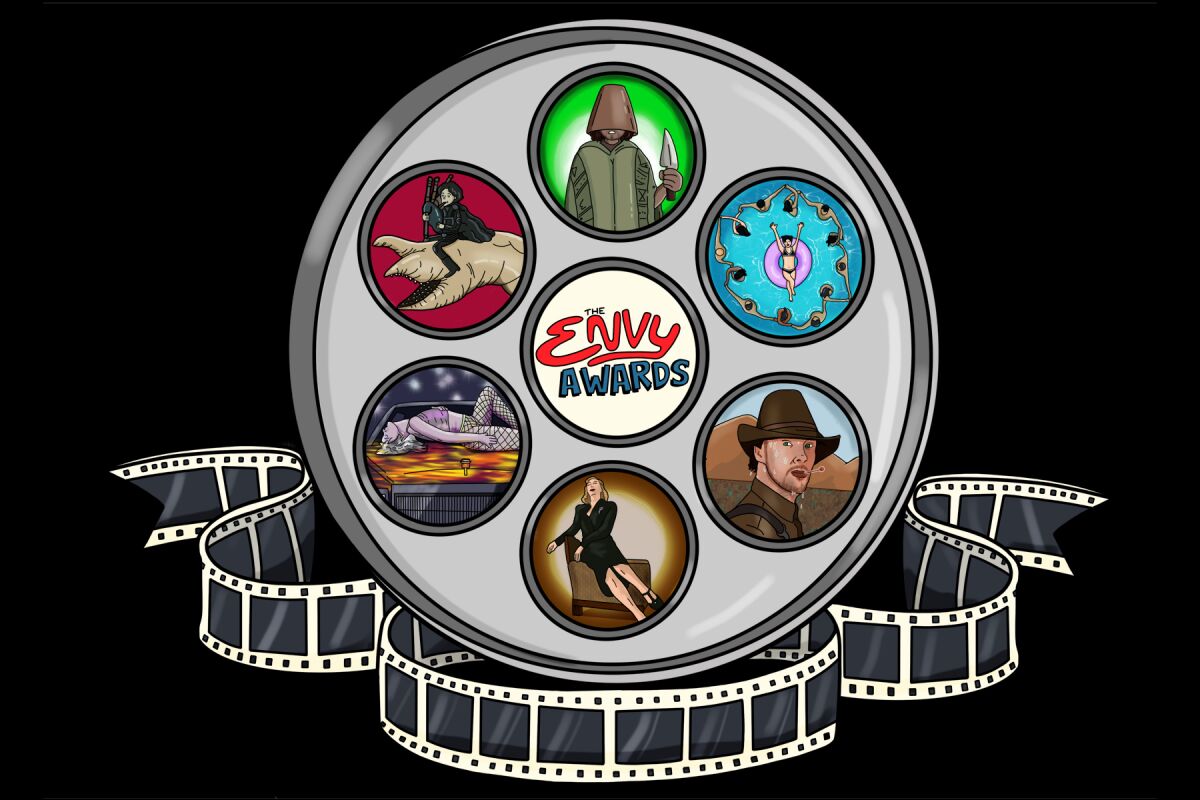 An illustration of a film reel includes some of the winners of The Envelope's quirky awards.