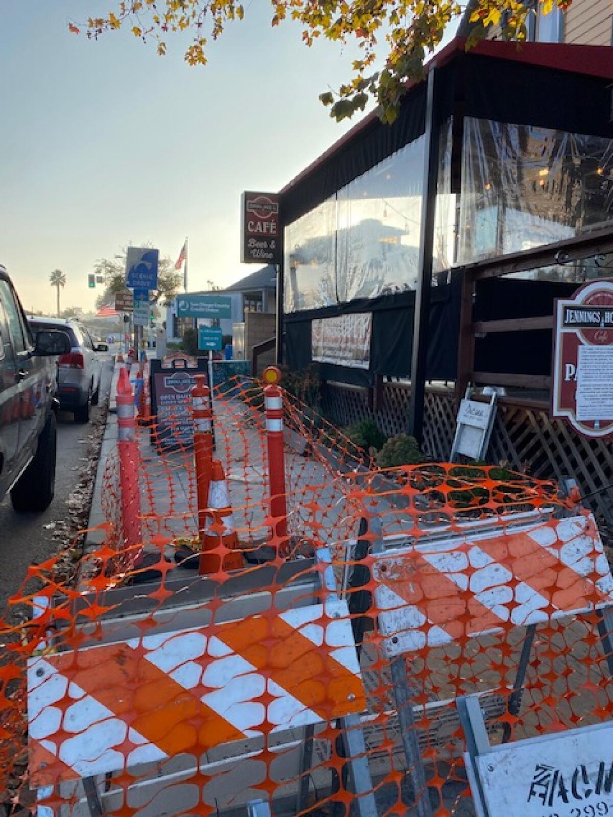The sidewalk outside Jennings House Cafe on Rosecrans Street is pictured during construction on Village Anchor Lights.