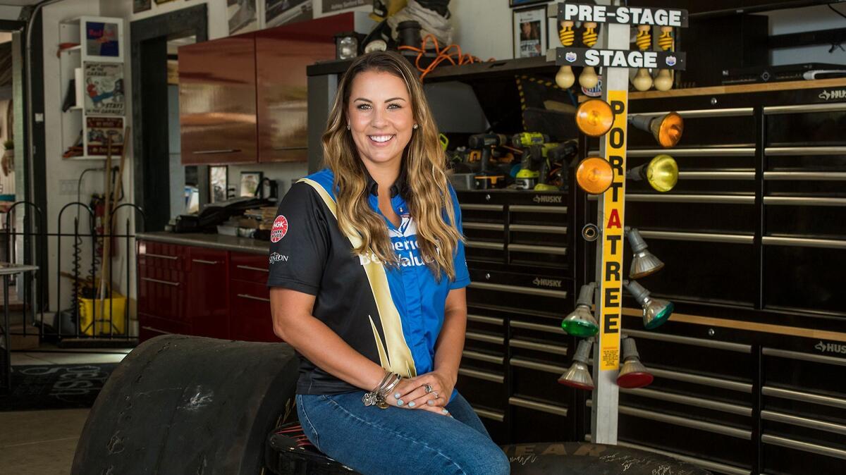 Ashley Sanford, 23, of Fullerton is a National Hot Rod Assn. drag racer who made it to the top fuel category, which is the highest level in the association. Sanford has secured some sponsorships from businesses with female clientele.