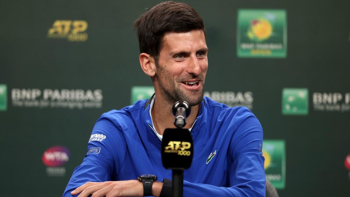 Novak Djokovic fields questions from the media during a press conference at the Indian Wells Tennis Garden on Thursday in Indian Wells.