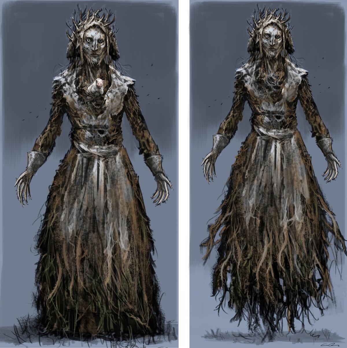Two drawings of the witch character from "Guillermo del Toro's Cabinet of Curiosities" showing how she seems made of wood