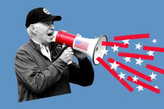 Photo illustration of Joe Biden with a megaphone emitting the stars and stripes of the U.S. flag 