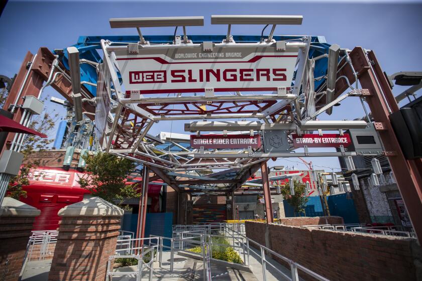 Anaheim, CA - June 02: A view of Web Slingers: A Spider-Man Adventure during media preview of Avengers Campus, California Adventure on Wednesday, June 2, 2021 in Anaheim, CA. PHOTOS ARE EMBARGOED UNTIL 8PM WEDNESDAY, JUNE 2. (Allen J. Schaben / Los Angeles Times)