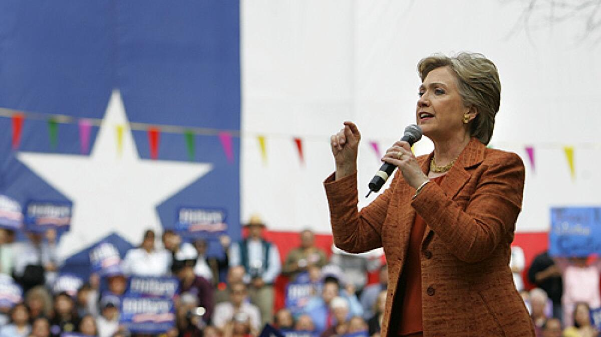 Democratic presidential hopeful, Sen. Hillary Rodham Clinton, D-N.Y., makes a campaign stop at Old City Hall in Laredo, Texas, Thursday, Feb. 21, 2008.