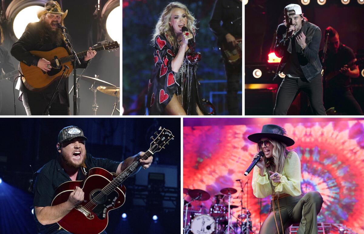 A group of photos shows Chris Stapleton, Carrie Underwood, Morgan Wallen, Lainey Wilson and Luke Combs performing onstage