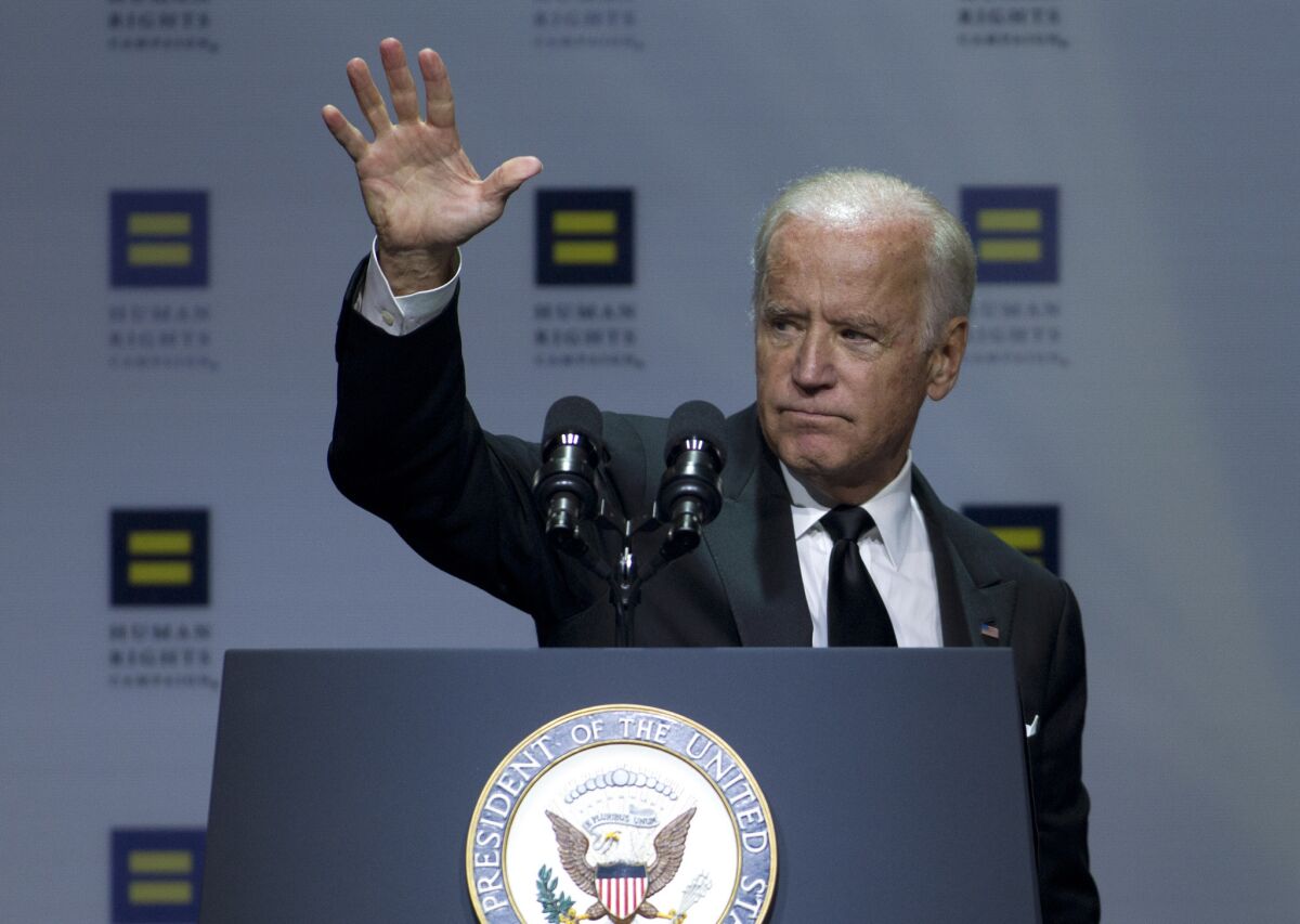 Vice President Joe Biden waves to the crowd after he speaks at the Human Rights Campaign National Dinner in Washington, D.C. on Saturday.
