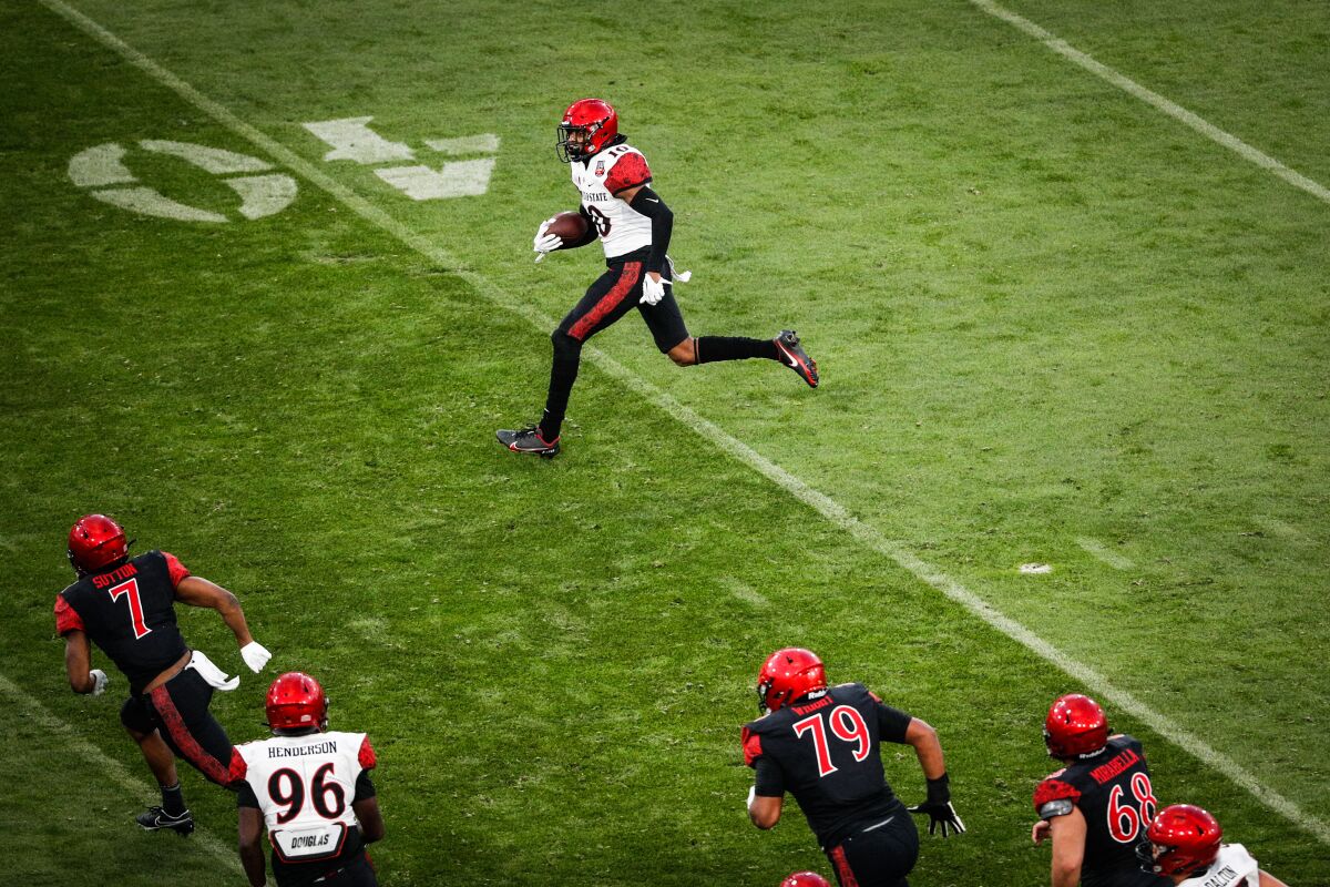 San Diego State cornerback Noah Tumblin returns his first of two interceptions during SDSU's Spring game.