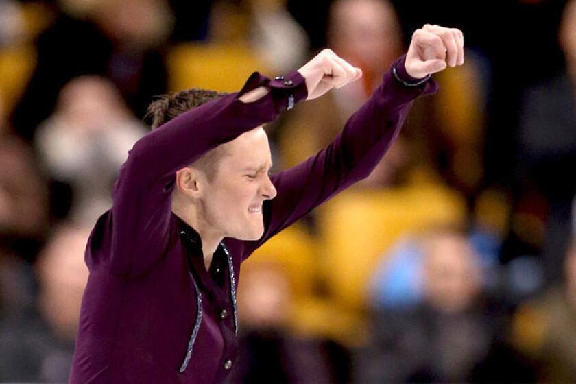 Jeremy Abbott reacts at the end of his short program on Friday night during the U.S. Figure Skating Championships at TD Garden in Boston.