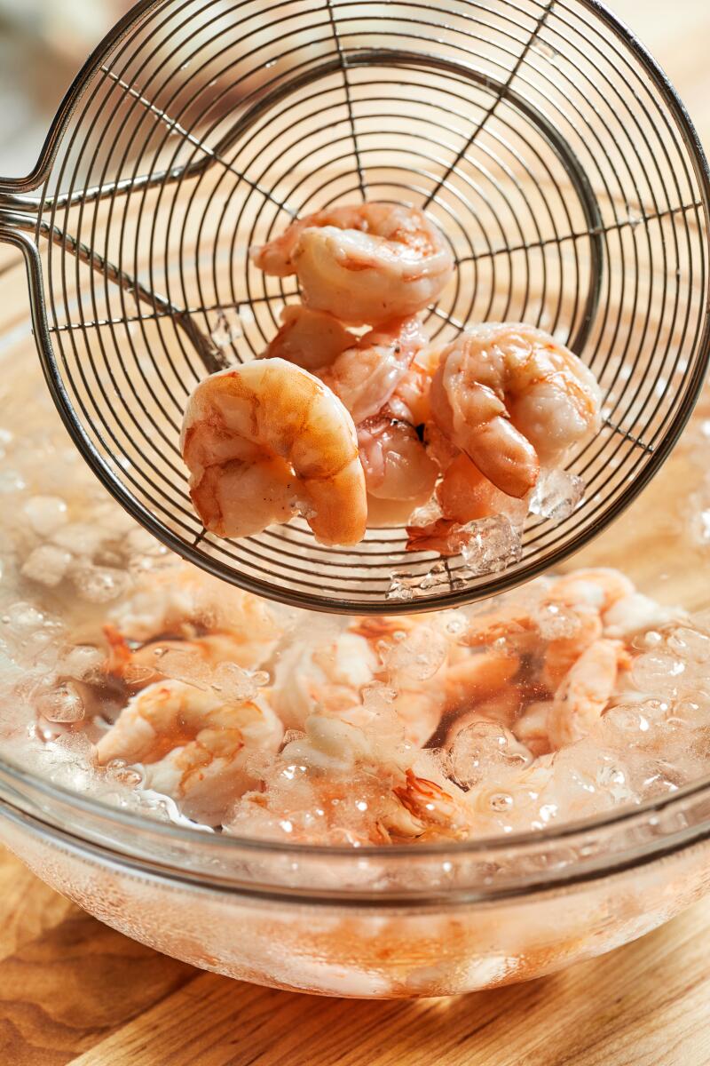 Poached shrimp for ceviche in the L.A. Times Test Kitchen.