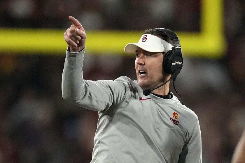 Southern California head coach Lincoln Riley gestures during the second half of an NCAA college football game against UCLA Saturday, Nov. 19, 2022, in Pasadena, Calif. (AP Photo/Mark J. Terrill)