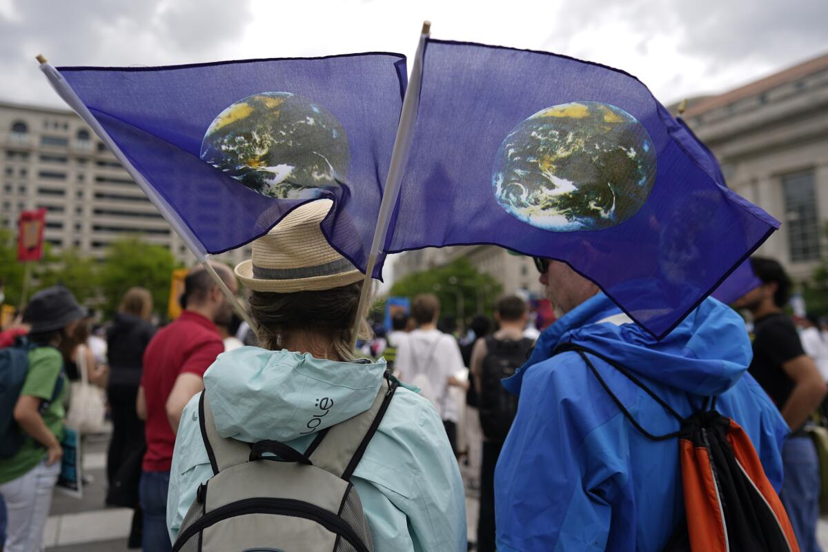 A climate activist holds two blue flags with images of the Earth during a rally in Washington.